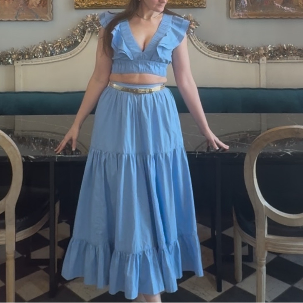 A&F Blue Women's Tiered Maxi Skirt with V Neck Ruffle Crop Top